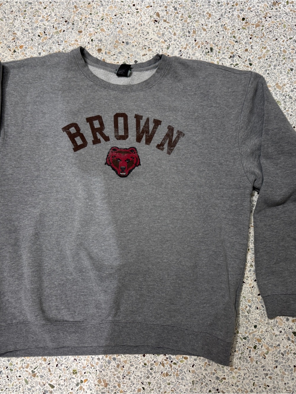 BROWN Grey Crewneck Sweatshirt with Maroon Bear Logo. Small stain on back elbow